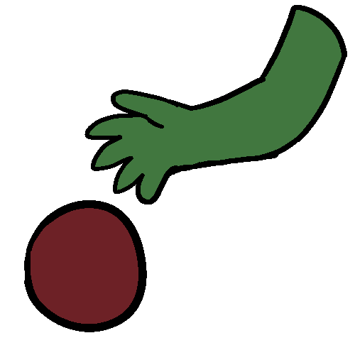 A green arm gesturing to a red circle.
